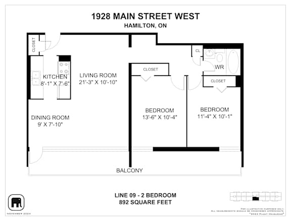 A floor plan for a home at 1928 Main Street West, Hamilton, ON is presented.