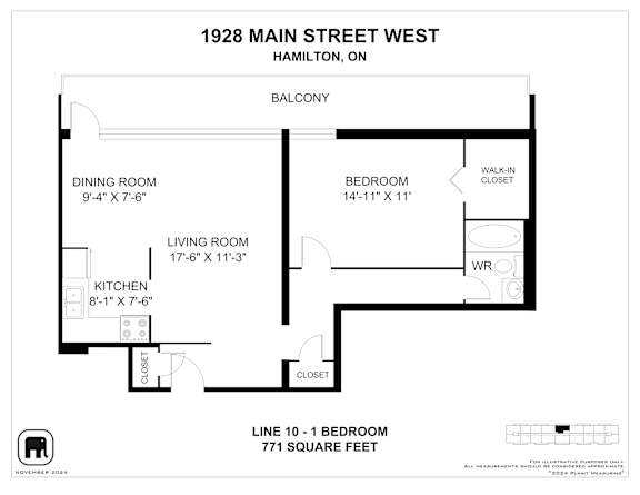 A black and white image of a floor plan for a 1 bedroom apartment.