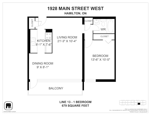 A floor plan for a 1 bedroom apartment at 1928 Main Street West, Hamilton, ON.