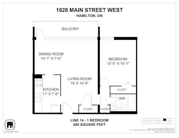 A floor plan for a 1 bedroom apartment at 1928 Main Street West, Hamilton, ON.