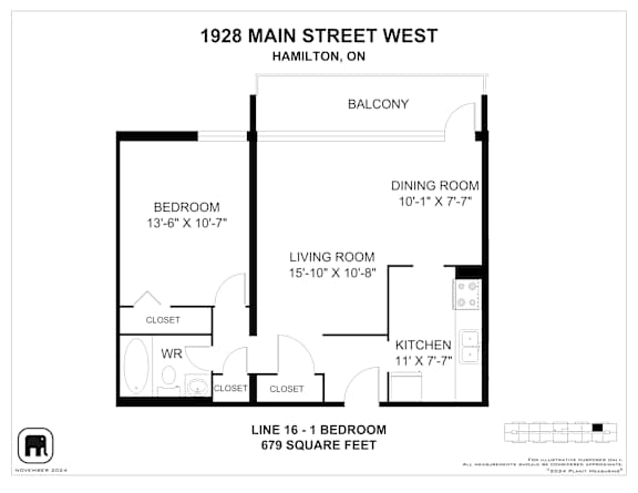 A floor plan for a 1 bedroom apartment at 1928 Main Street West, Hamilton, ON.
