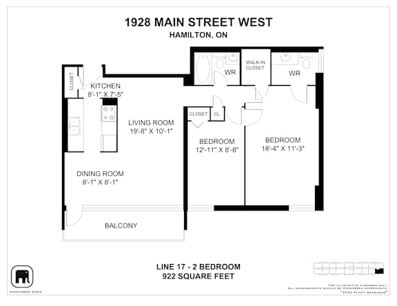 A floor plan for a 1 bedroom apartment at 1928 Main Street West, Hamilton, OH.