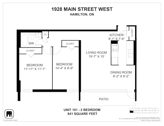 A floor plan for a 1 bedroom apartment at 1928 Main Street West, Hamilton, On.