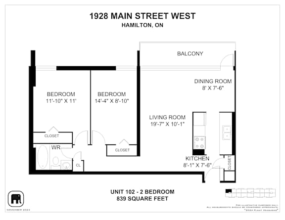 A floor plan for a unit at 1928 Main Street West in Hamilton, Ontario.