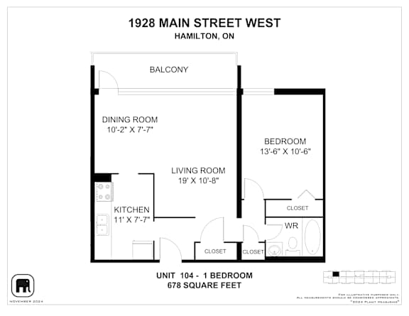 A floor plan for a unit at 1928 Main Street West in Hamilton, Ontario.