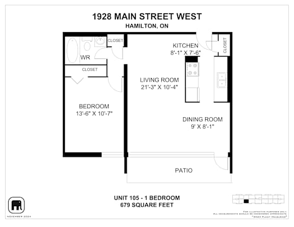 A floor plan for a unit at 1928 Main Street West in Hamilton, ON, showing a bedroom, living room, kitchen, dining room, and patio.
