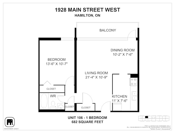 A floor plan for a 1 bedroom apartment at 1928 Main Street West, Hamilton, On.