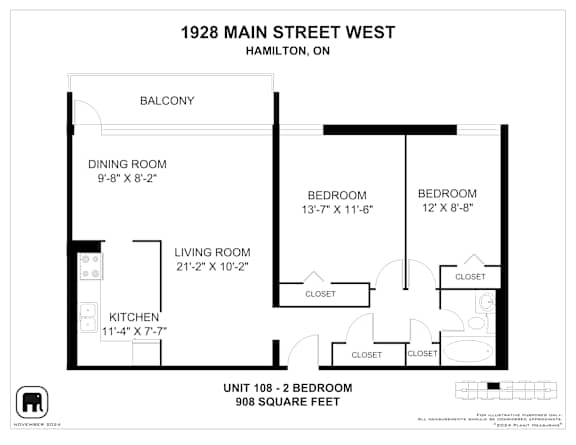 A floor plan for a unit at 1928 Main Street West in Hamilton, Ontario, Canada.