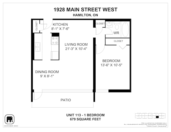 A floor plan for a unit at 1928 Main Street West in Hamilton, Ontario, showing a kitchen, living room, dining room, bedroom, and patio.