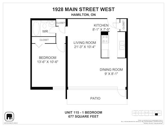 A floor plan for a unit at 1928 Main Street West in Hamilton, Ontario, showing a bedroom, living room, kitchen, dining room, and patio.