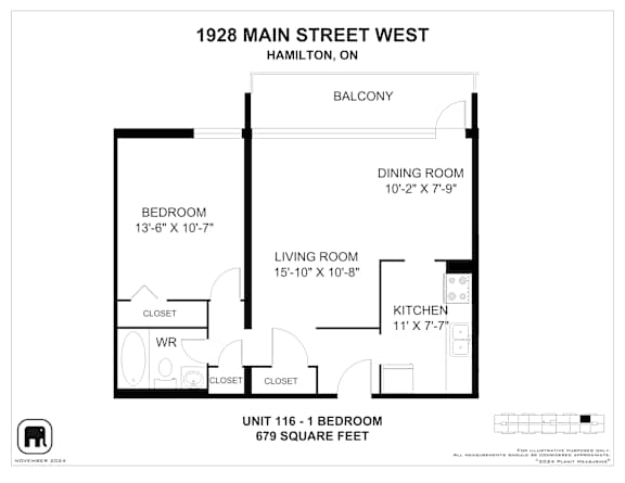 A floor plan for a unit at 1928 Main Street West in Hamilton, Ontario, Canada.