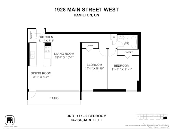 A floor plan for a unit at 1928 Main Street West in Hamilton, Ontario.