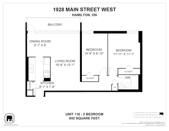 A floor plan for a 2 bedroom apartment at 1928 Main Street West, Hamilton, On.