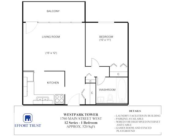 A floor plan of a one bedroom apartment with a living room, kitchen and bathroom.
