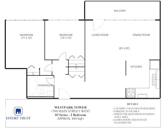 A floor plan for a 2 bedroom apartment at Westpark Tower.