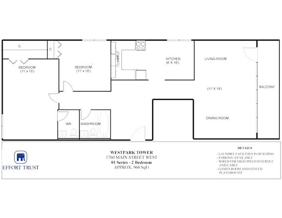 A floor plan of an apartment with two bedrooms, a living room, a dining room, a kitchen, a washroom and a WR.