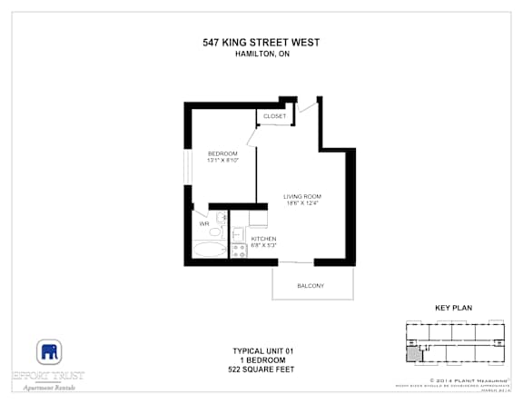A drawing of a floor plan for a unit at 547 King Street West in Hamilton, Ontario.