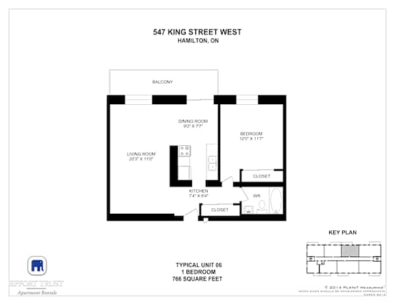 A floor plan for a one bedroom apartment at 547 King Street West, Hamilton, ON.
