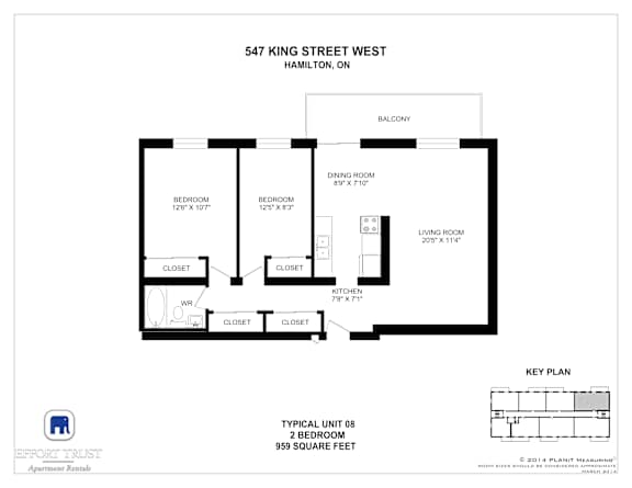 A floor plan for a 2 bedroom apartment at 547 King Street West, Hamilton, ON.