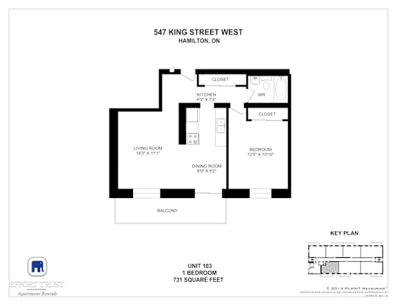 A black and white image of a floor plan for a 1 bedroom apartment at 547 King Street West, Hamilton, ON.