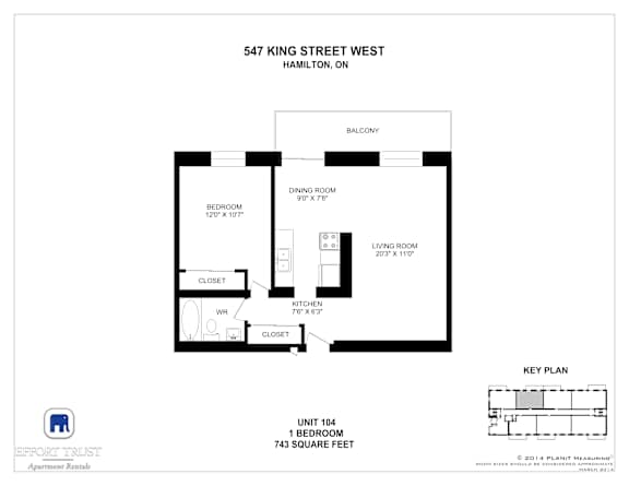 A floor plan for a 1 bedroom apartment at 547 King Street West, Hamilton, ON.