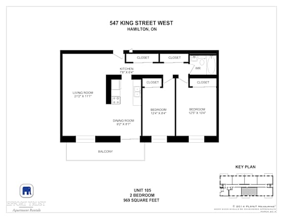 A floor plan for a 2 bedroom apartment at 547 King Street West, Hamilton, Ontario.