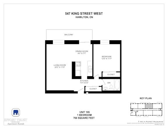 A black and white image of a floor plan for a one bedroom apartment.