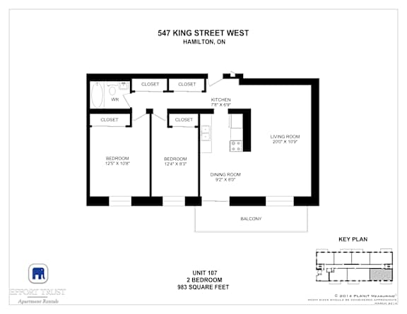 A floor plan for a 2 bedroom apartment at 547 King Street West, Hamilton, ON.