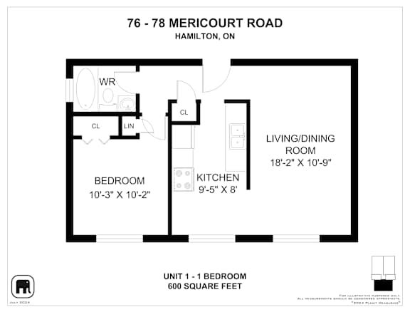 A floor plan for a one bedroom apartment at 76-78 Mericourt Road, Hamilton, On.