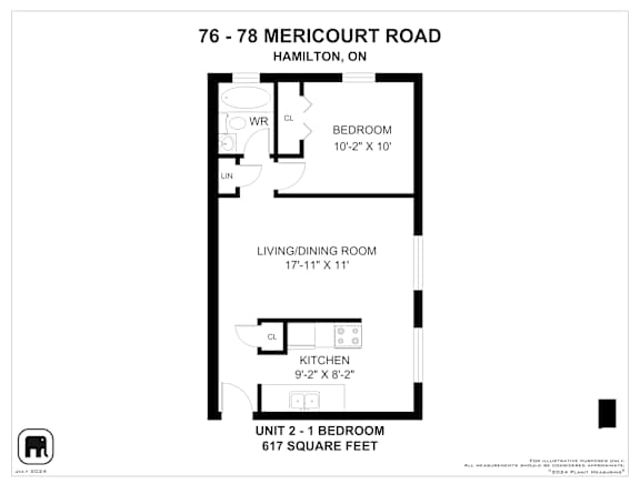 A floor plan for a unit at 76-78 Mericourt Road, Hamilton, On shows a living/dining room, a bedroom, and a kitchen.