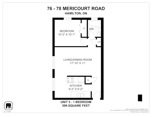 A floor plan for a unit at 76-78 Mericourt Road, Hamilton, ON, showing a bedroom, living/dining room, and kitchen.