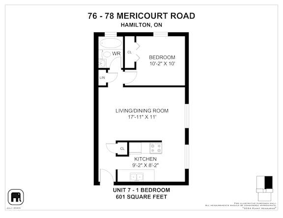 A floor plan for a one bedroom apartment at 76-78 Mericourt Road, Hamilton, On.