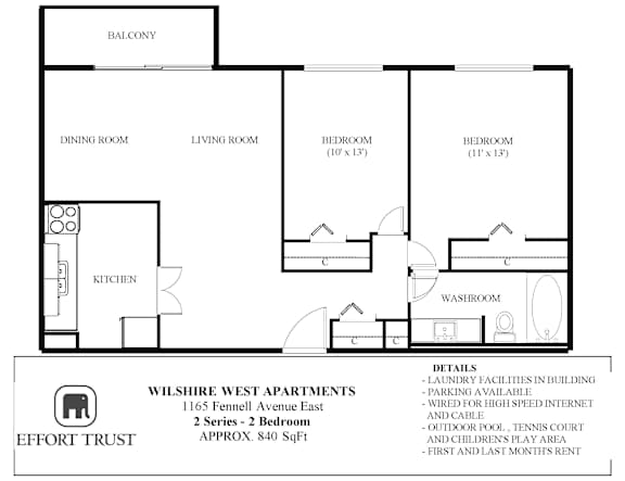 A floor plan of an apartment with a laundry facility in the building.