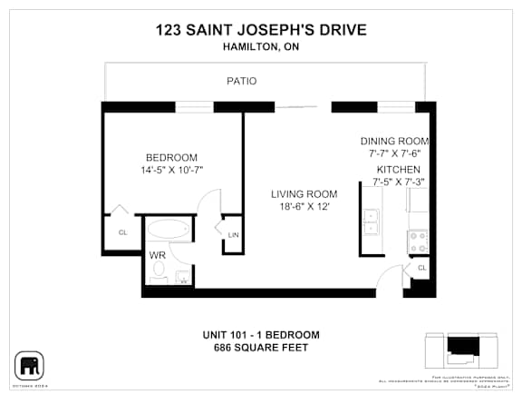 A floor plan for a unit at 123 Saint Joseph's Drive, Hamilton, ON, showing a bedroom, living room, dining room, kitchen, and a patio.