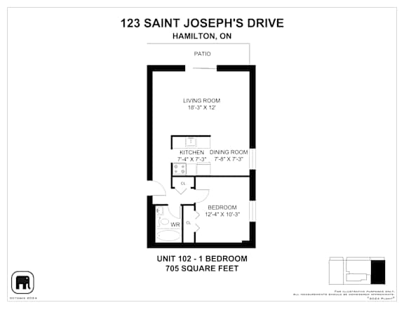 A floor plan for a property at 123 Saint Joseph's Drive in Hamilton, Ontario.