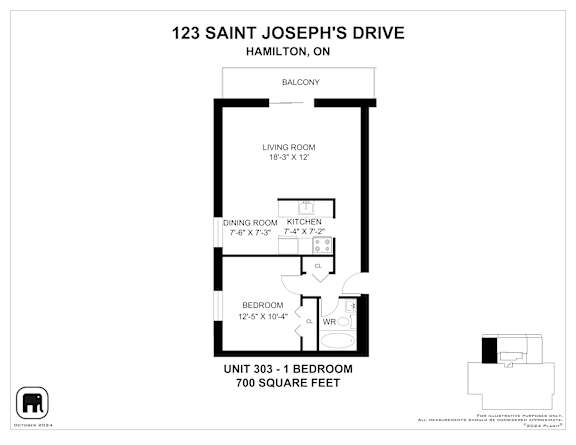 A floor plan for a 700 square foot unit at 123 Saint Joseph's Drive.
