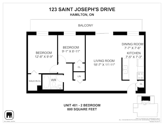 A floor plan for a unit at 123 Saint Joseph's Drive in Hamilton, Ontario.