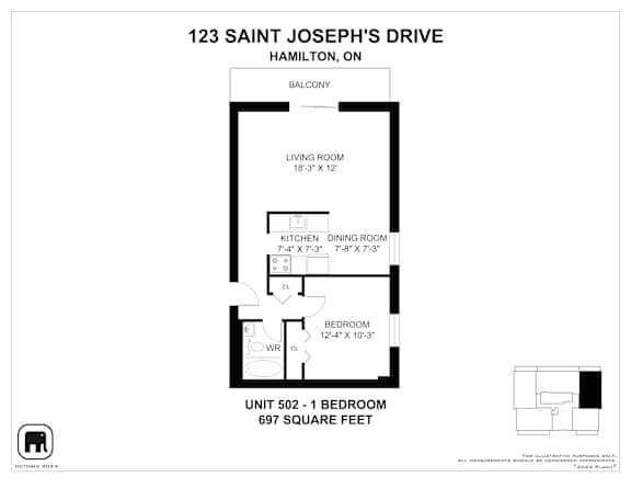 A floor plan for a condo unit at 123 Saint Joseph's Drive in Hamilton, Ontario.