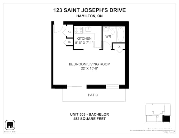 A floor plan for a unit at 123 Saint Joseph's Drive in Hamilton, Ontario.