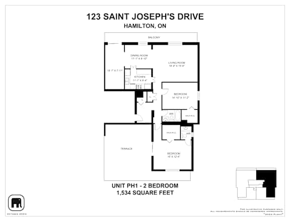 A floor plan for a 2 bedroom apartment at 123 Saint Joseph's Drive, Hamilton, ON.