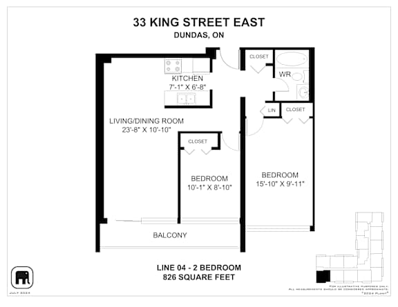 A floor plan for a 2 bedroom apartment at 33 King Street East, Dundas, ON.