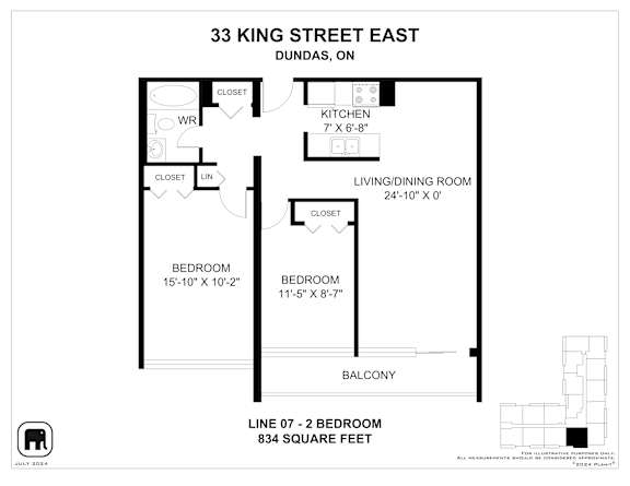 A floor plan for a property at 33 King Street East in Dundas, Ontario, showing the layout of the bedrooms, living room, kitchen, and balcony.