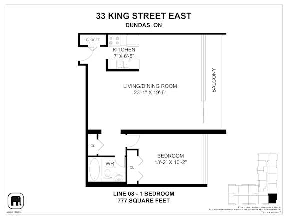 A floor plan for a one bedroom apartment at 33 King Street East in Dundas, Ontario.