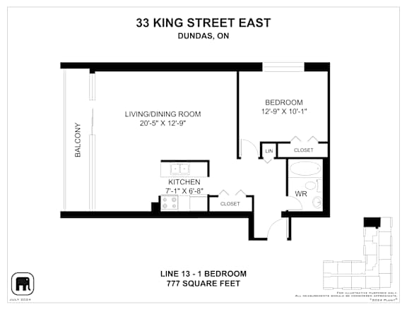 A floor plan for a one bedroom apartment at 33 King Street East in Dundas, Ontario.