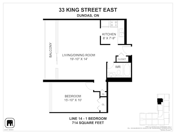 A floor plan for a property at 33 King Street East in Dundas, Ontario, showing a living/dining room, kitchen, and bedroom.