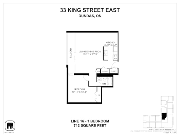 A floor plan for a property at 33 King Street East in Dundas, Ontario, showing a living room, kitchen, bedroom, and closet.