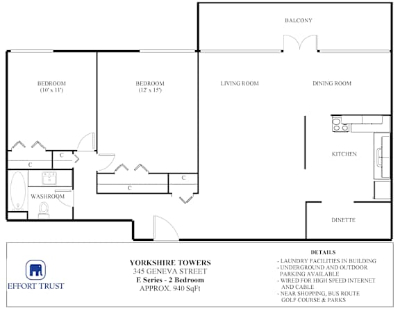 A floor plan for a Yorkshire Towers apartment shows two bedrooms, a living room, a dining room, a kitchen, a washroom, and a balcony.