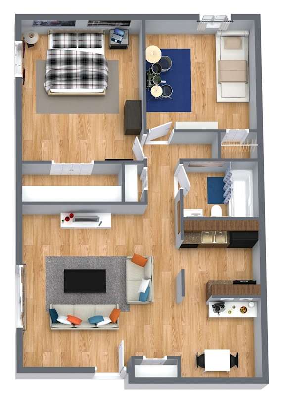 floorplan of a 2-bedroom 1-bathroom unit