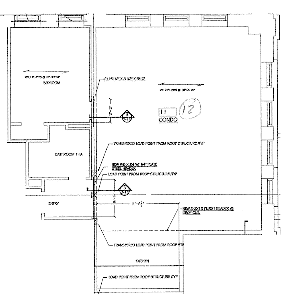 A drawing shows a floor plan of a room with labeled areas and measurements.