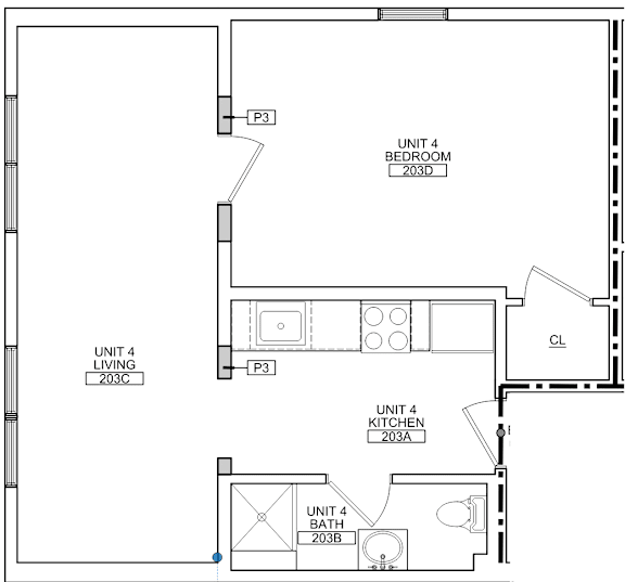 A floor plan of Unit 4 with a living room, kitchen, bathroom, and bedroom.